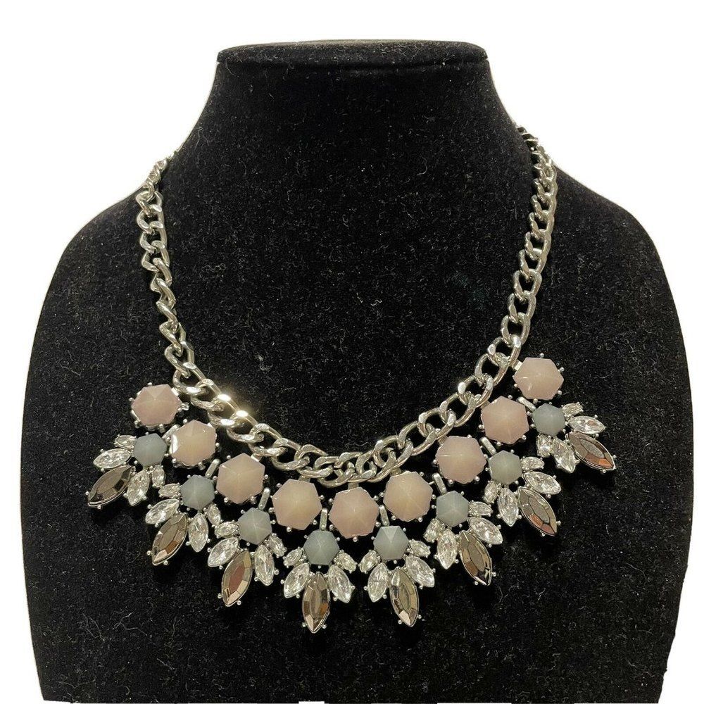 Loft silver tone chain statement necklace gray rhinestones 19-22”